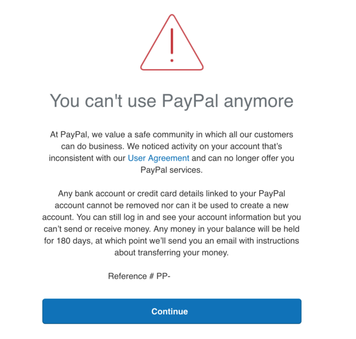 PayPal account suspension warning example