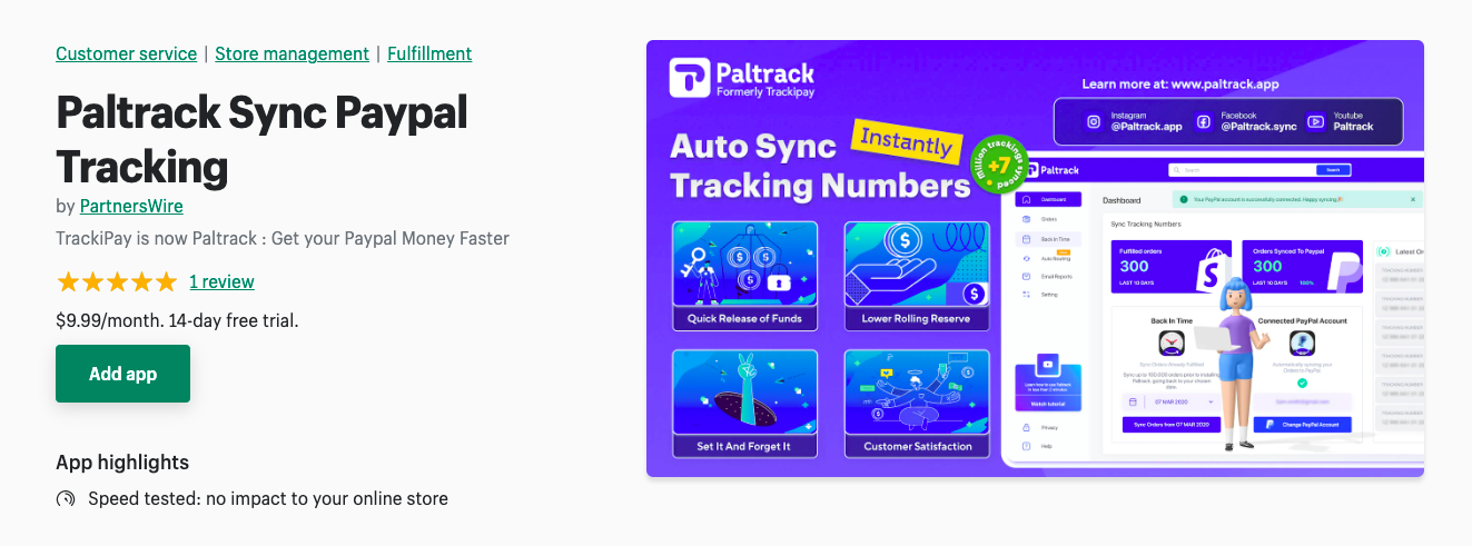 Paltrack Shopify App Store listing