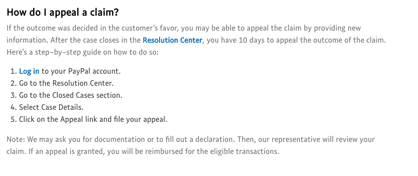 PayPal claims appeal workflow